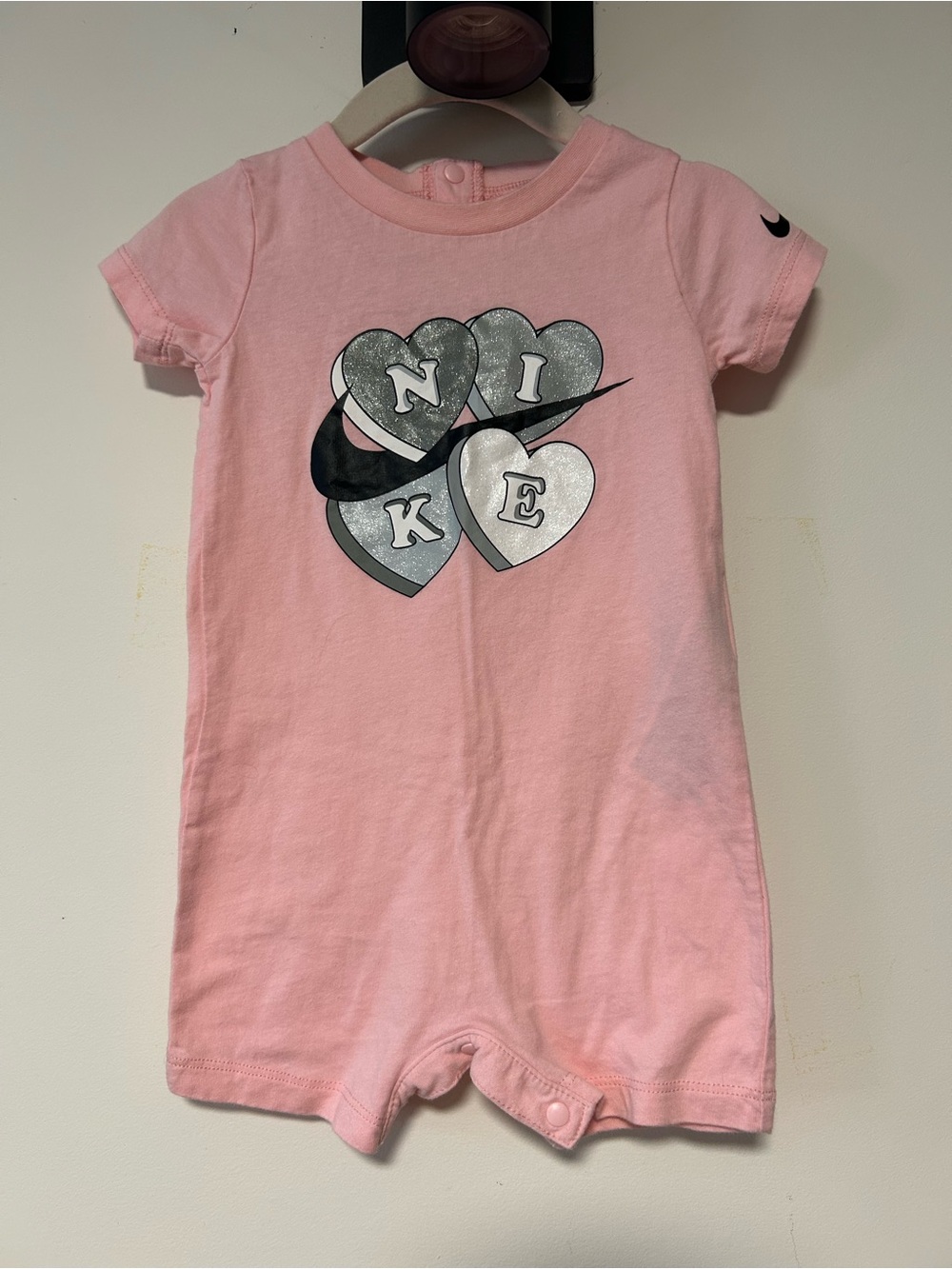 Nike Pink Short-Sleeve Heart Logo One-Piece Romper